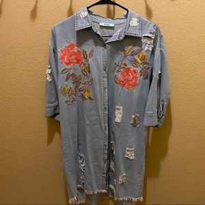 Karlie Denim Distressed Button-Up Tunic